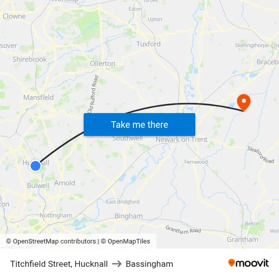 Titchfield Street, Hucknall to Bassingham map