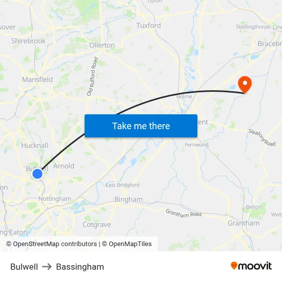 Bulwell to Bassingham map