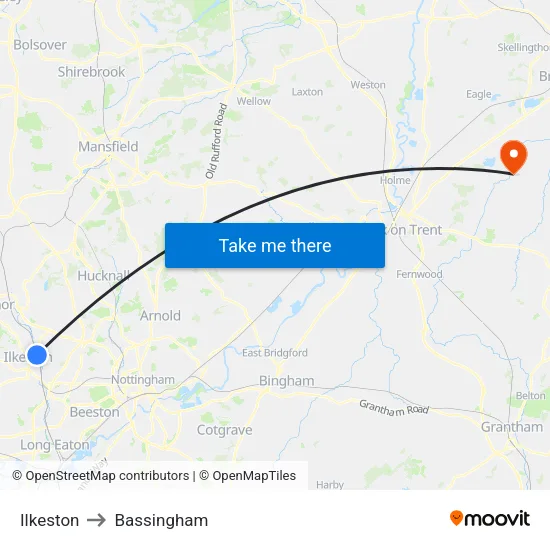 Ilkeston to Bassingham map