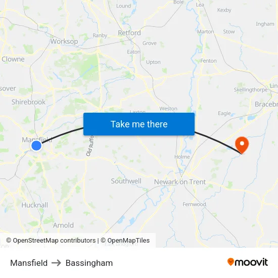Mansfield to Bassingham map