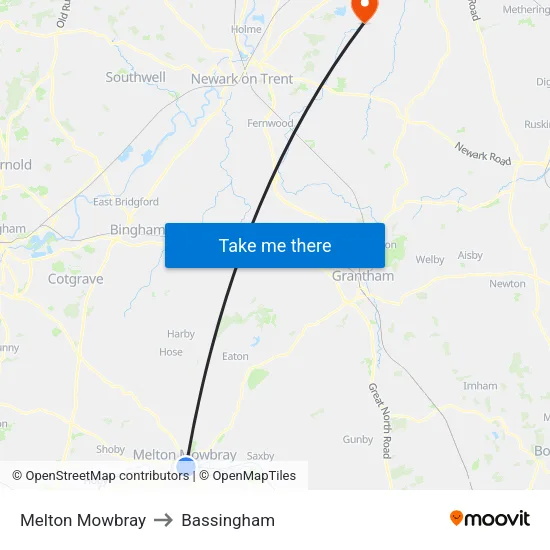 Melton Mowbray to Bassingham map