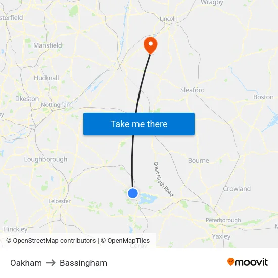 Oakham to Bassingham map