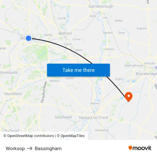 Worksop to Bassingham map