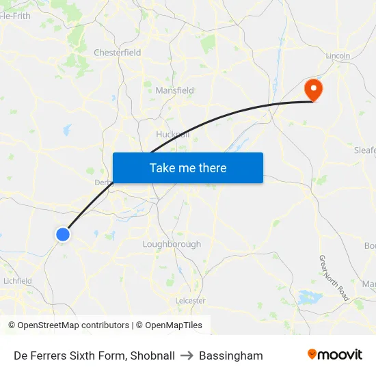 De Ferrers Sixth Form, Shobnall to Bassingham map