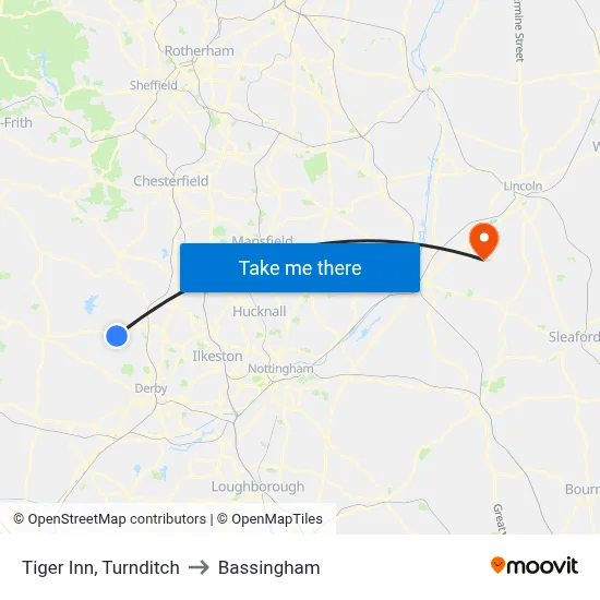 Tiger Inn, Turnditch to Bassingham map