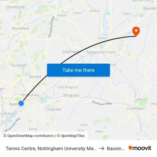 Tennis Centre, Nottingham University Main Campus (Un08) to Bassingham map
