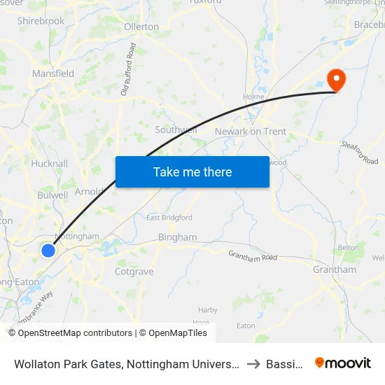 Wollaton Park Gates, Nottingham University Main Campus (Un12) to Bassingham map