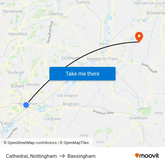 Cathedral, Nottingham to Bassingham map