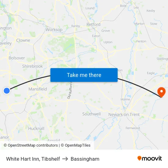 White Hart Inn, Tibshelf to Bassingham map