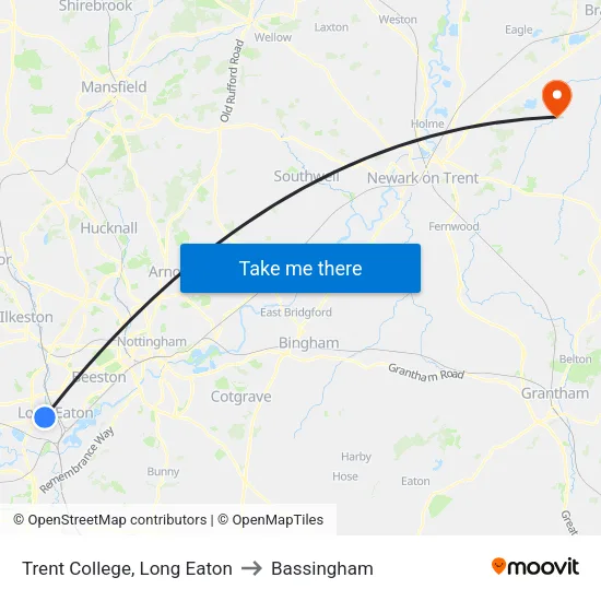 Trent College, Long Eaton to Bassingham map