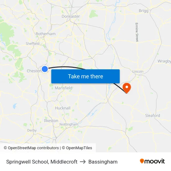 Springwell School, Middlecroft to Bassingham map