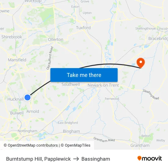 Burntstump Hill, Papplewick to Bassingham map