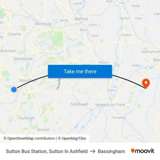 Sutton Bus Station, Sutton In Ashfield to Bassingham map