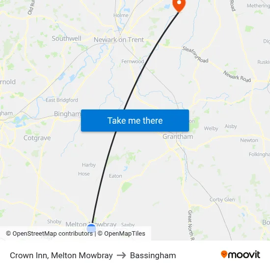 Crown Inn, Melton Mowbray to Bassingham map