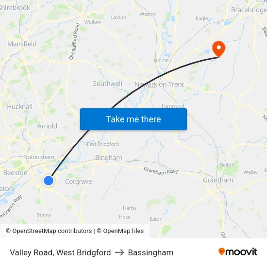 Valley Road, West Bridgford to Bassingham map