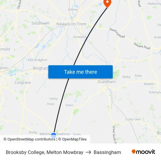 Brooksby College, Melton Mowbray to Bassingham map