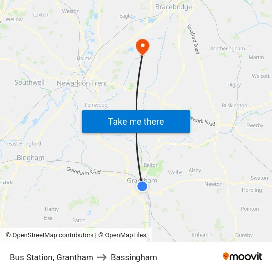 Bus Station, Grantham to Bassingham map