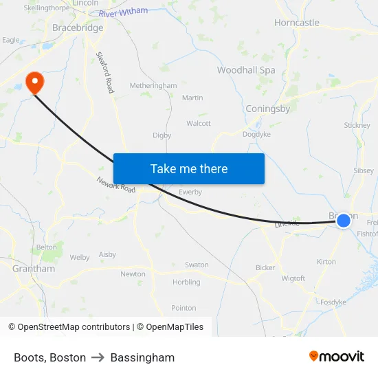 Boots, Boston to Bassingham map