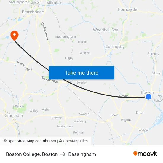 Boston College, Boston to Bassingham map