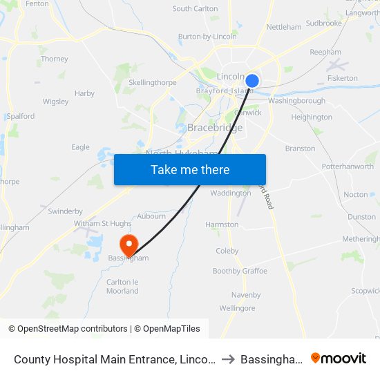 County Hospital Main Entrance, Lincoln to Bassingham map