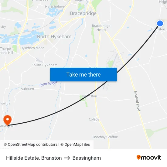 Hillside Estate, Branston to Bassingham map