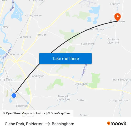 Glebe Park, Balderton to Bassingham map