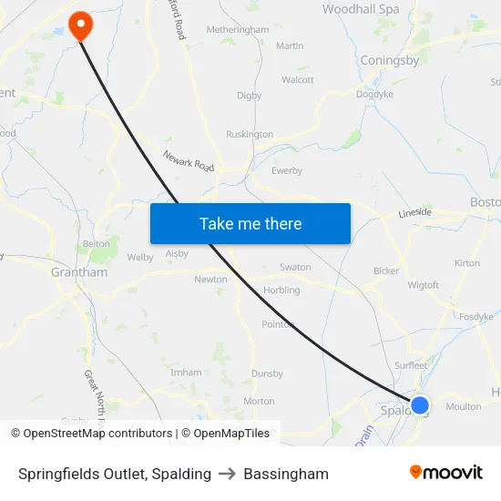 Springfields Outlet, Spalding to Bassingham map