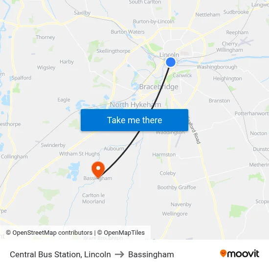 Central Bus Station, Lincoln to Bassingham map