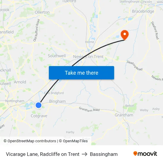 Vicarage Lane, Radcliffe on Trent to Bassingham map