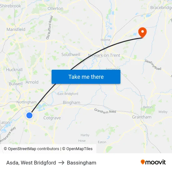 Asda, West Bridgford to Bassingham map