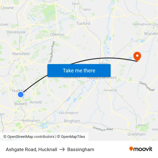 Ashgate Road, Hucknall to Bassingham map