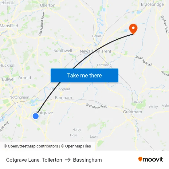 Cotgrave Lane, Tollerton to Bassingham map