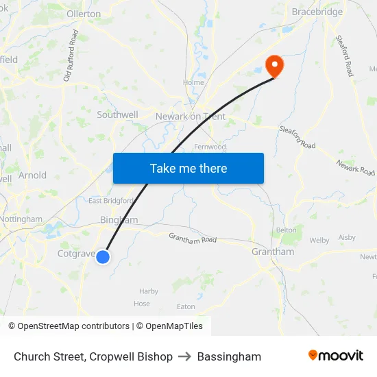 Church Street, Cropwell Bishop to Bassingham map