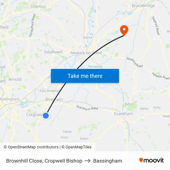 Brownhill Close, Cropwell Bishop to Bassingham map