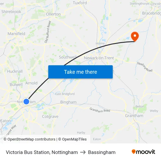 Victoria Bus Station, Nottingham to Bassingham map