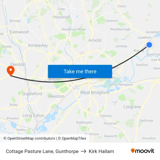 Cottage Pasture Lane, Gunthorpe to Kirk Hallam map