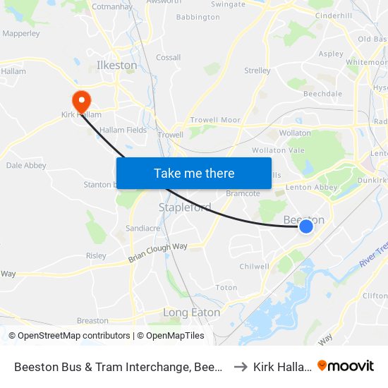 Beeston Bus & Tram Interchange, Beeston to Kirk Hallam map