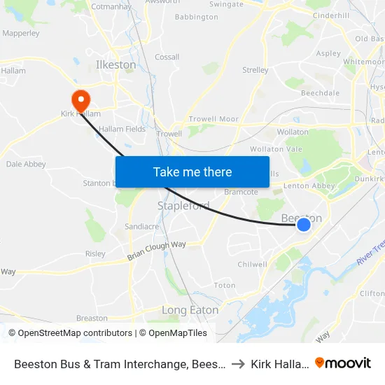 Beeston Bus & Tram Interchange, Beeston to Kirk Hallam map