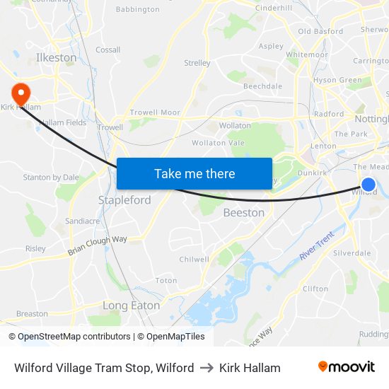 Wilford Village Tram Stop, Wilford to Kirk Hallam map