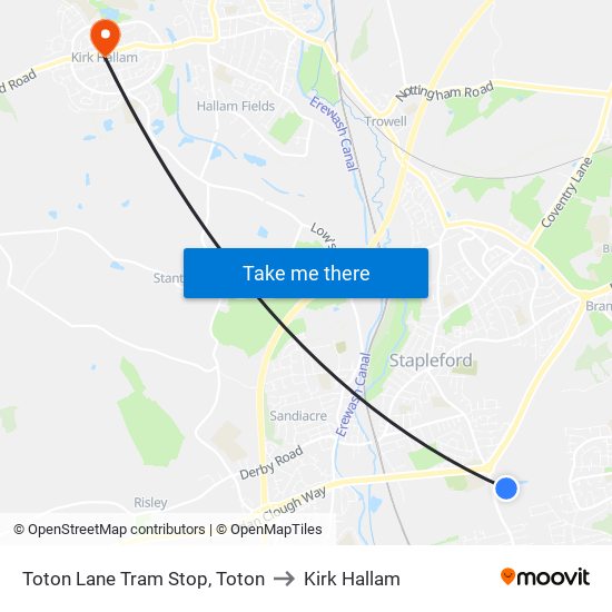 Toton Lane Tram Stop, Toton to Kirk Hallam map