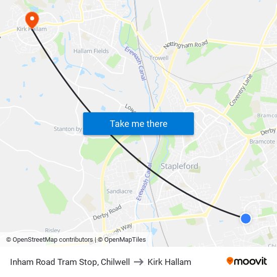 Inham Road Tram Stop, Chilwell to Kirk Hallam map