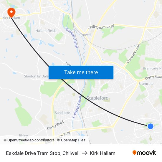 Eskdale Drive Tram Stop, Chilwell to Kirk Hallam map