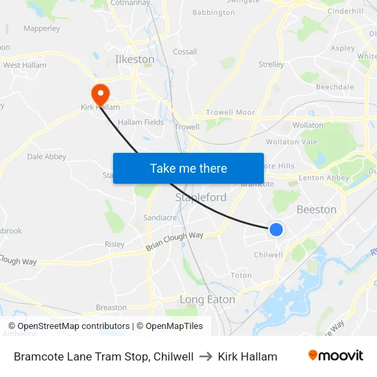 Bramcote Lane Tram Stop, Chilwell to Kirk Hallam map