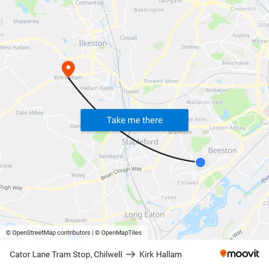 Cator Lane Tram Stop, Chilwell to Kirk Hallam map