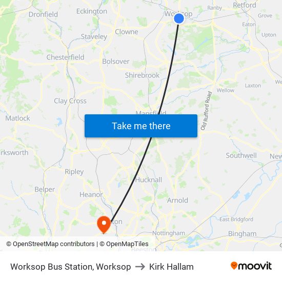 Worksop Bus Station, Worksop to Kirk Hallam map