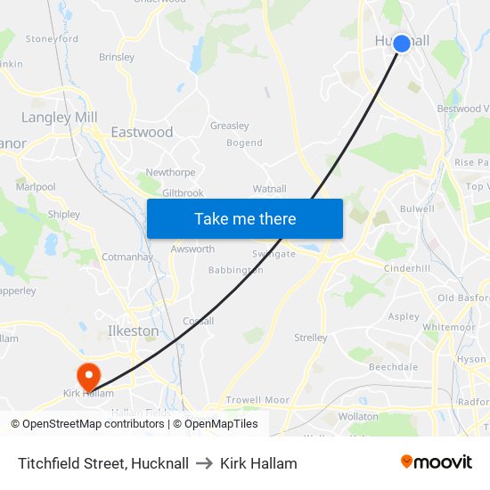 Titchfield Street, Hucknall to Kirk Hallam map