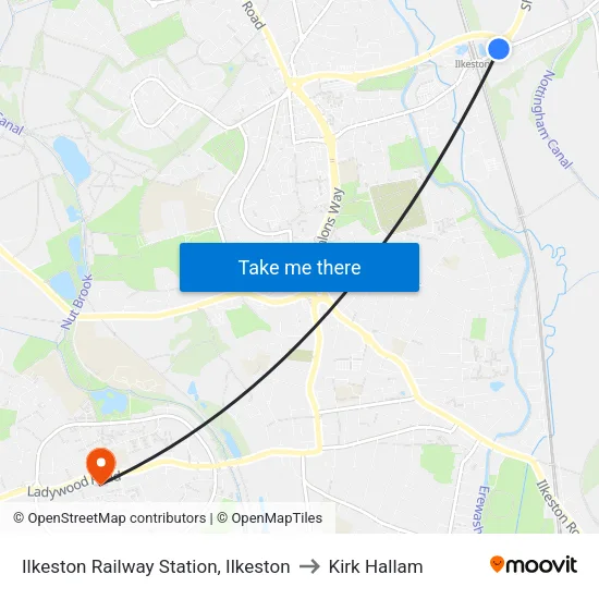 Ilkeston Railway Station, Ilkeston to Kirk Hallam map