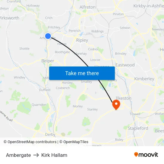 Ambergate to Kirk Hallam map