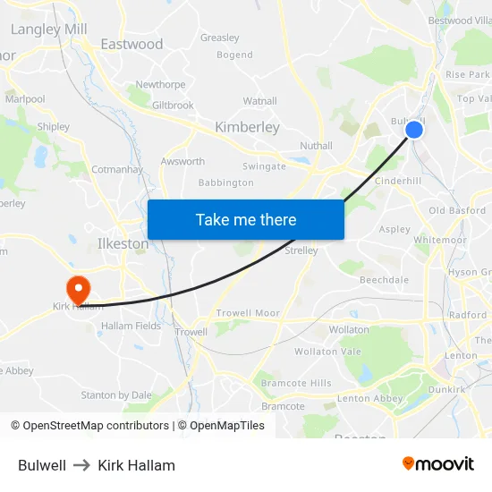 Bulwell to Kirk Hallam map