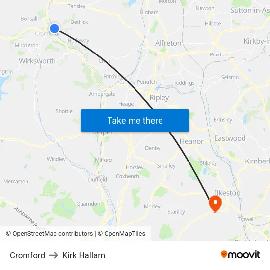 Cromford to Kirk Hallam map
